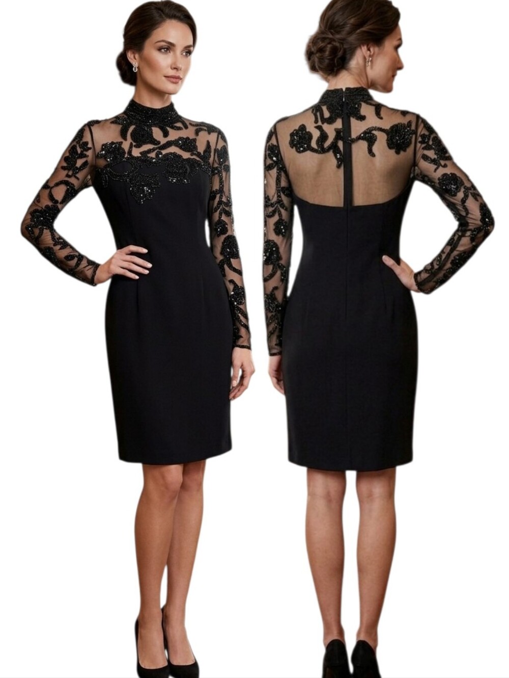 SCALA Sheer Illusion Sequined Floral Sheath Cocktail Dress - Size 10